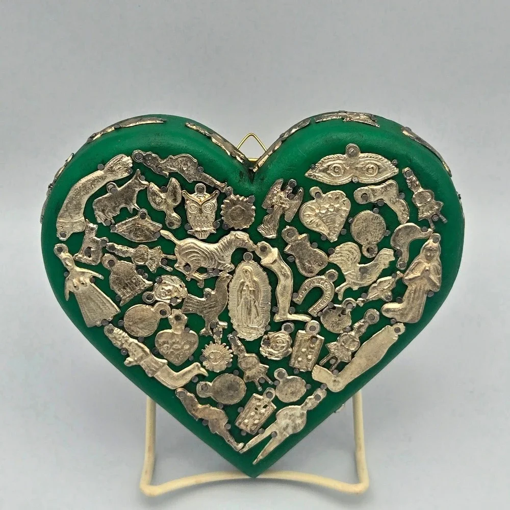 Mexican Milagros Green Painted Wood Heart Plaque Folk Art Wall Hanging Guadalupe